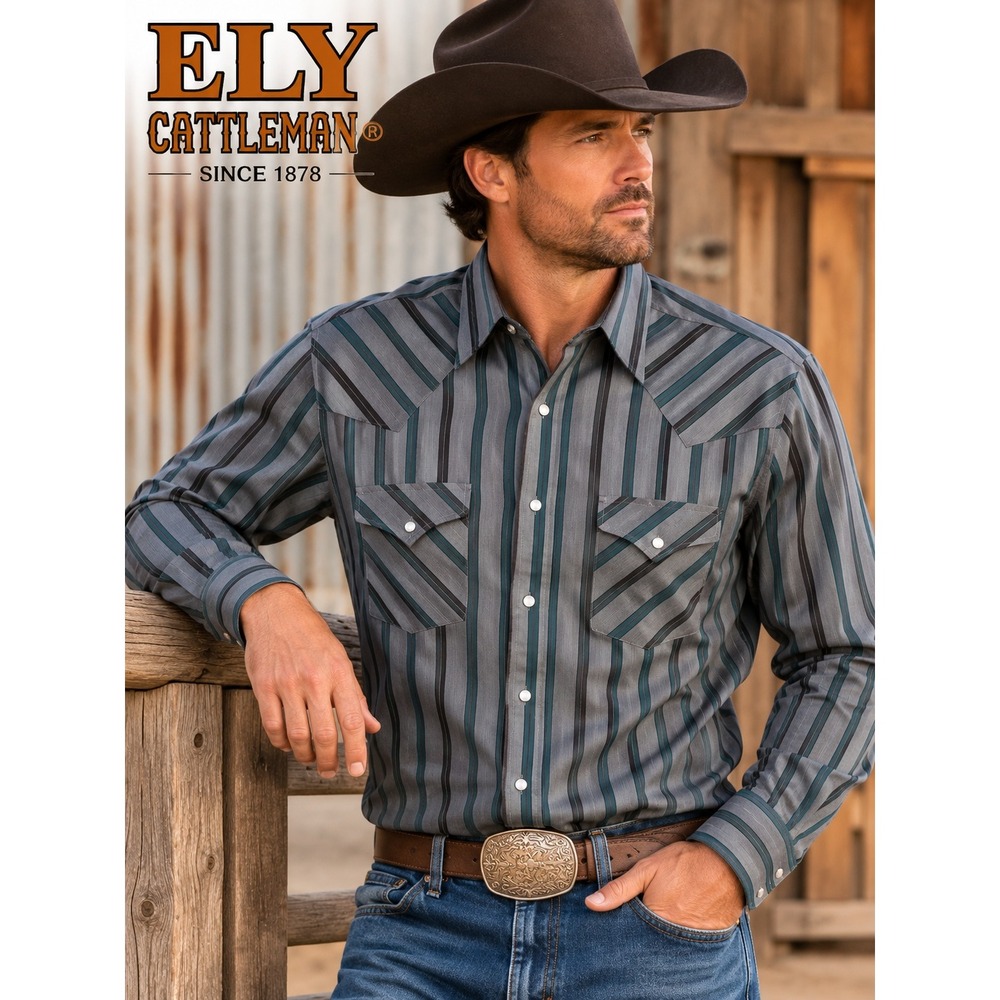 Ely Cattleman Tall Western Snap Shirt Grey Teal Striped Size L Tall 16.5 x 37
